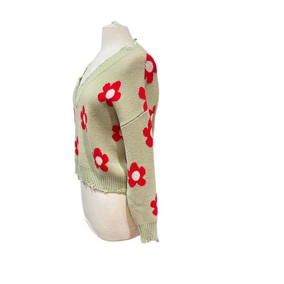 Bailey Rose Distressed Vee Neck Flower Sweater SZ M Mint Green Red - Picture 6 of 10